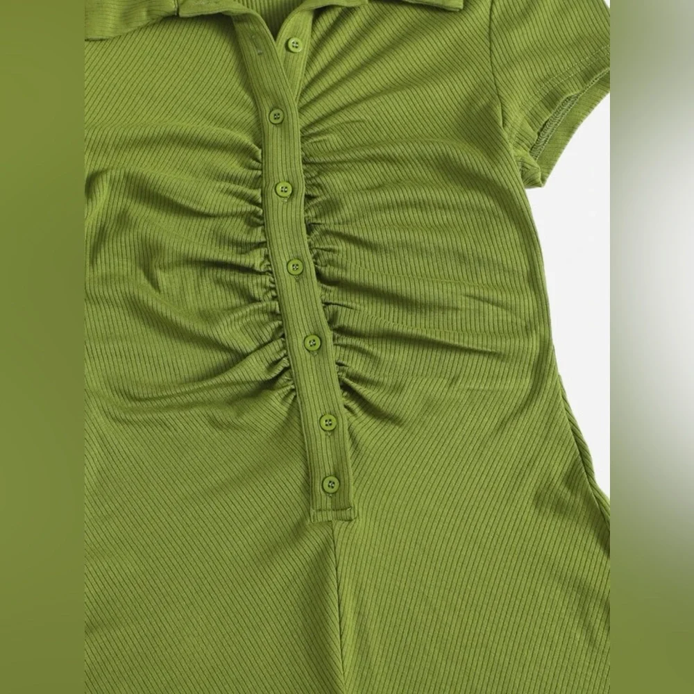 SHEIN Button Placket Ruched Front Rib-knit Solid Romper - Picture 3 of 6